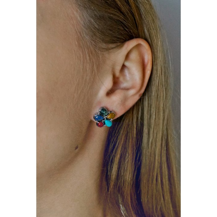 Sky Jewelry Серебряные серьги с камнями яшма   Цвета радуги