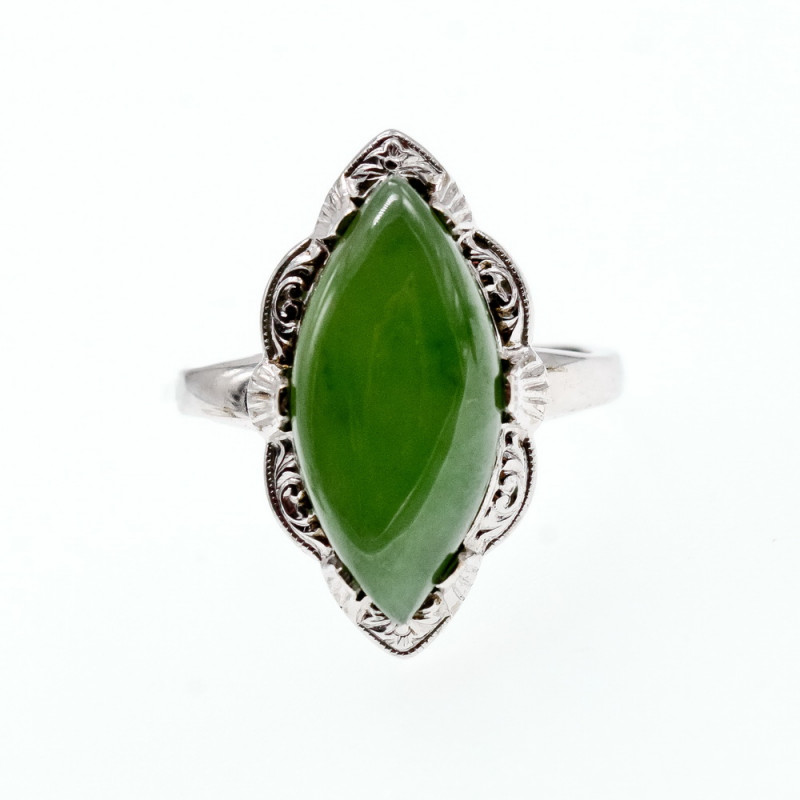 Sky Jewelry Серебряное кольцо с зеленым нефритом  Маркиз