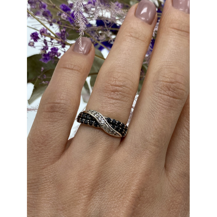 Sky Jewelry Серебряное кольцо с черным и белым турмалином   Инь Ян