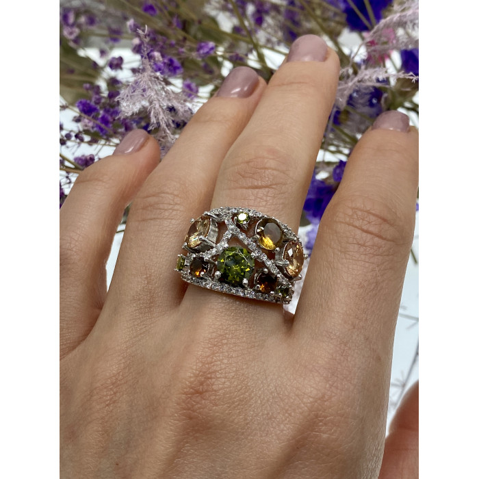 Sky Jewelry Серебряное кольцо с камнями демантоид гессонит турмалин и фианит 