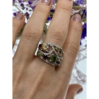 Sky Jewelry Серебряное кольцо с камнями демантоид гессонит турмалин и фианит 
