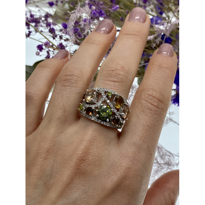 Sky Jewelry Серебряное кольцо с камнями демантоид гессонит турмалин и фианит 