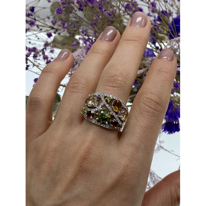 Sky Jewelry Серебряное кольцо с камнями демантоид гессонит турмалин и фианит 