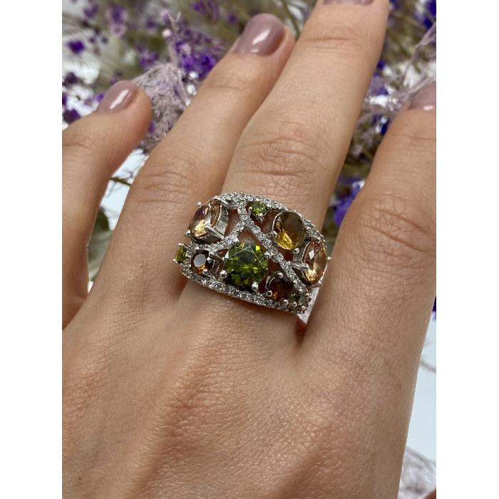 Sky Jewelry Серебряное кольцо с камнями демантоид гессонит турмалин и фианит 