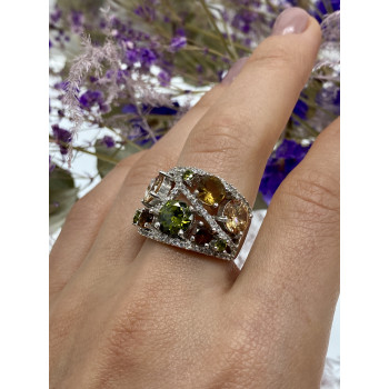 Sky Jewelry Серебряное кольцо с камнями демантоид гессонит турмалин и фианит 