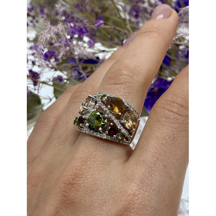 Sky Jewelry Серебряное кольцо с камнями демантоид гессонит турмалин и фианит 