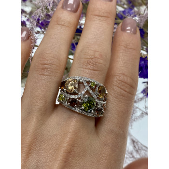 Sky Jewelry Серебряное кольцо с камнями демантоид гессонит турмалин и фианит 