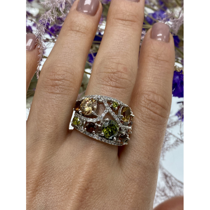 Sky Jewelry Серебряное кольцо с камнями демантоид гессонит турмалин и фианит 