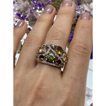 Sky Jewelry Серебряное кольцо с камнями демантоид гессонит турмалин и фианит 