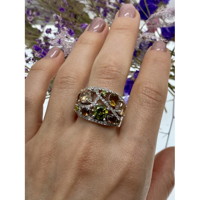Sky Jewelry Серебряное кольцо с камнями демантоид гессонит турмалин и фианит 