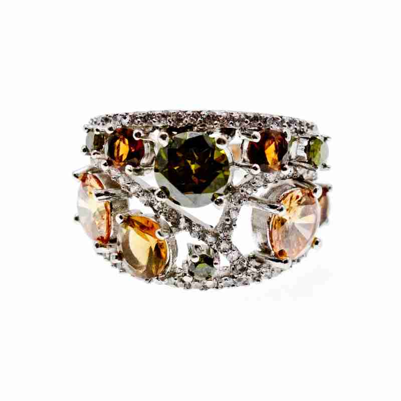 Sky Jewelry Серебряное кольцо с камнями демантоид гессонит турмалин и фианит 