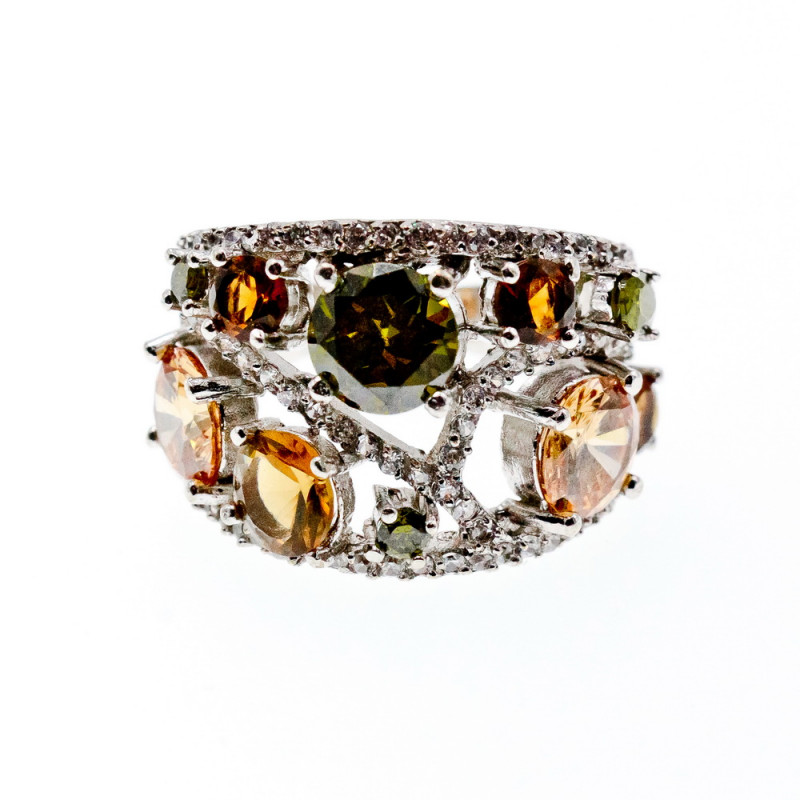 Sky Jewelry Серебряное кольцо с камнями демантоид гессонит турмалин и фианит 