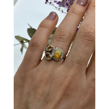 Sky Jewelry Серебряное кольцо с гелиодором опалом и фианитами   Нежность