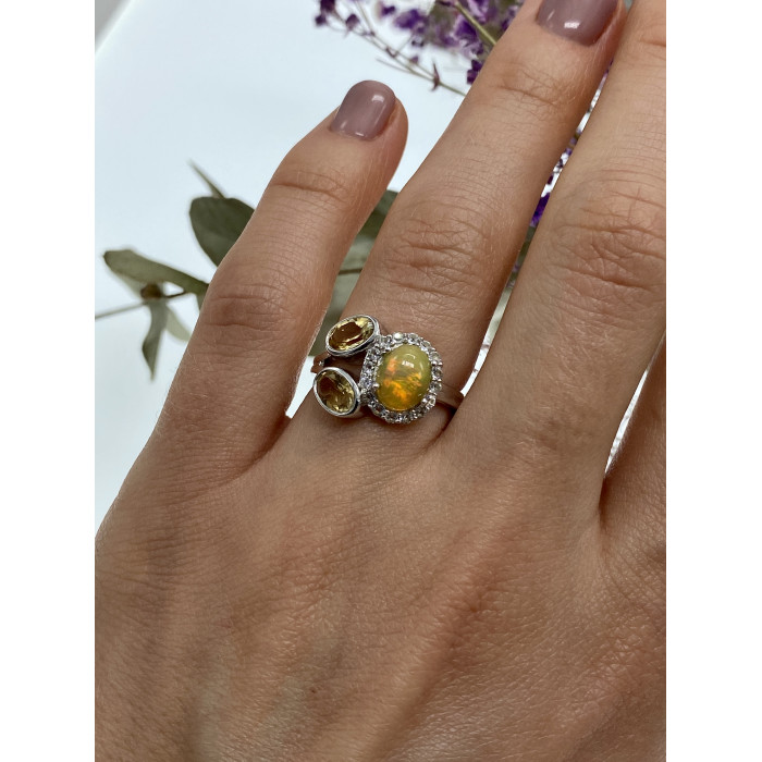 Sky Jewelry Серебряное кольцо с гелиодором опалом и фианитами   Нежность