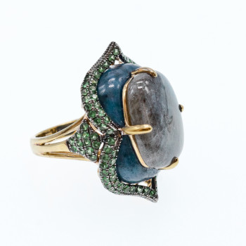 Sky Jewelry Серебряное кольцо в позолоте с камнями лабрадорит содалит и хризолит