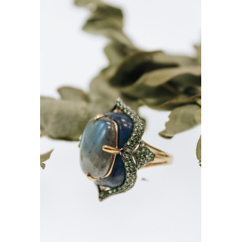 Sky Jewelry Серебряное кольцо в позолоте с камнями лабрадорит содалит и хризолит