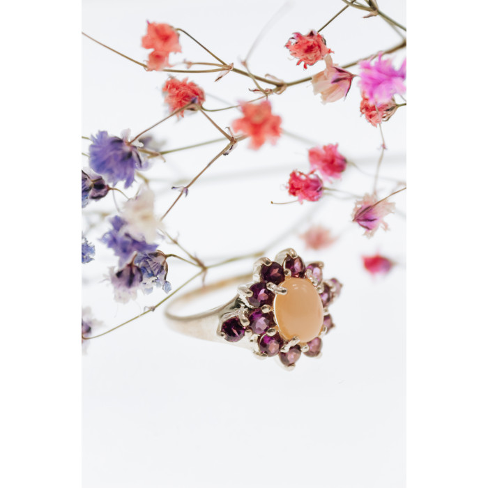 Sky Jewelry Серебряное кольцо с агатом и розовой шпинелью  Цветы