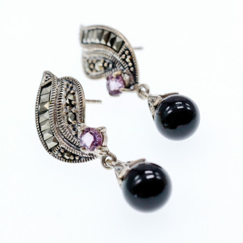 Sky Jewelry Серебряные серьги с камнями нефрит аметист и марказит   Вечеринка