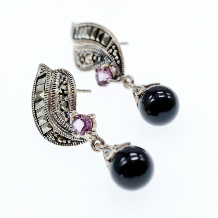 Sky Jewelry Серебряные серьги с камнями нефрит аметист и марказит   Вечеринка