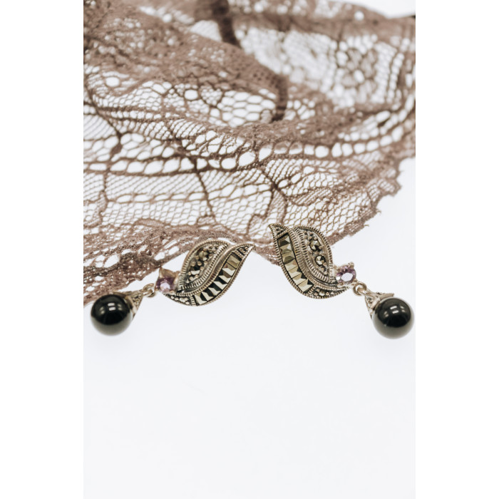 Sky Jewelry Серебряные серьги с камнями нефрит аметист и марказит   Вечеринка