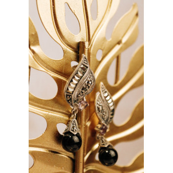 Sky Jewelry Серебряные серьги с камнями нефрит аметист и марказит   Вечеринка