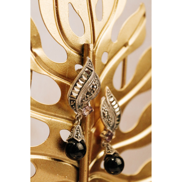 Sky Jewelry Серебряные серьги с камнями нефрит аметист и марказит   Вечеринка