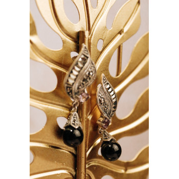 Sky Jewelry Серебряные серьги с камнями нефрит аметист и марказит   Вечеринка