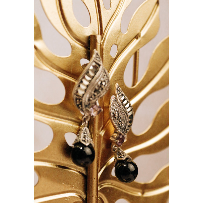 Sky Jewelry Серебряные серьги с камнями нефрит аметист и марказит   Вечеринка