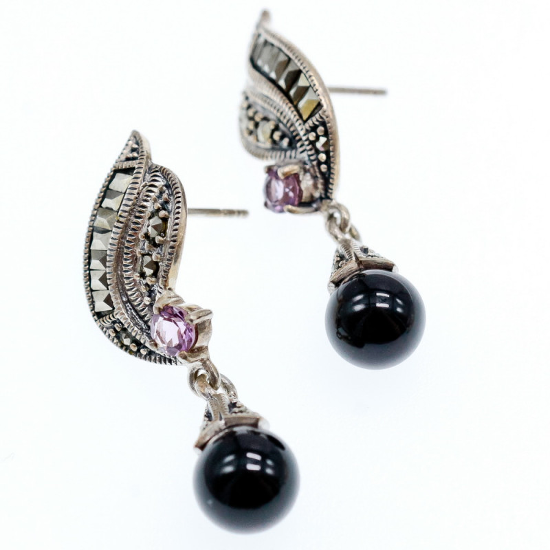 Sky Jewelry Серебряные серьги с камнями нефрит аметист и марказит   Вечеринка