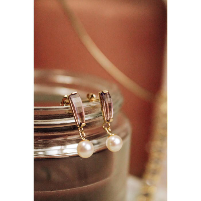 Sky Jewelry Золотые серьги с аметистом и жемчугом  Настроение