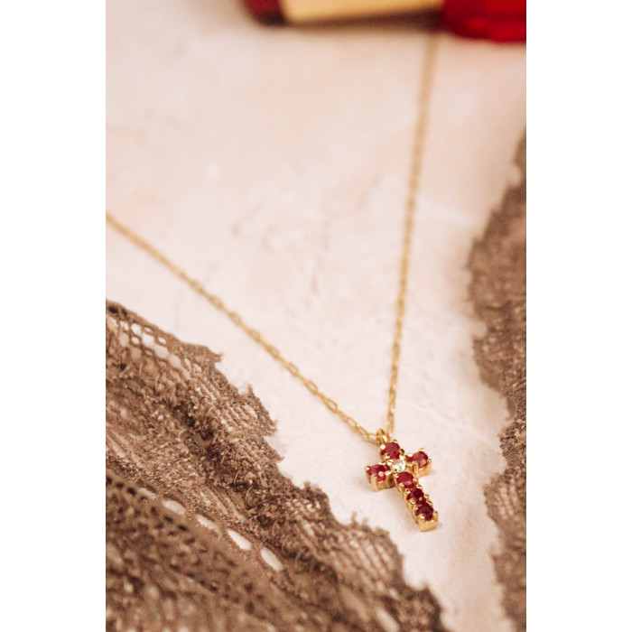 Sky Jewelry Золотая цепочка с крестиком с рубинами и бриллиантом