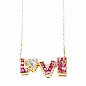 Sky Jewelry Золотая цепочка с кулоном рубины и бриллианты  Love