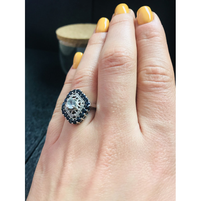 Sky Jewelry Серебряное кольцо с голубым аквамарином и темно-синей  шпинелью