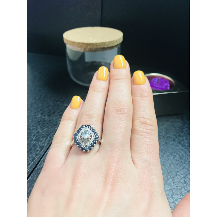 Sky Jewelry Серебряное кольцо с голубым аквамарином и темно-синей  шпинелью