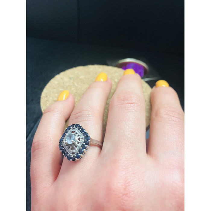 Sky Jewelry Серебряное кольцо с голубым аквамарином и темно-синей  шпинелью