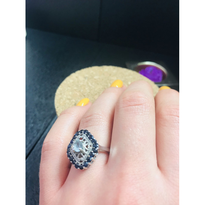 Sky Jewelry Серебряное кольцо с голубым аквамарином и темно-синей  шпинелью