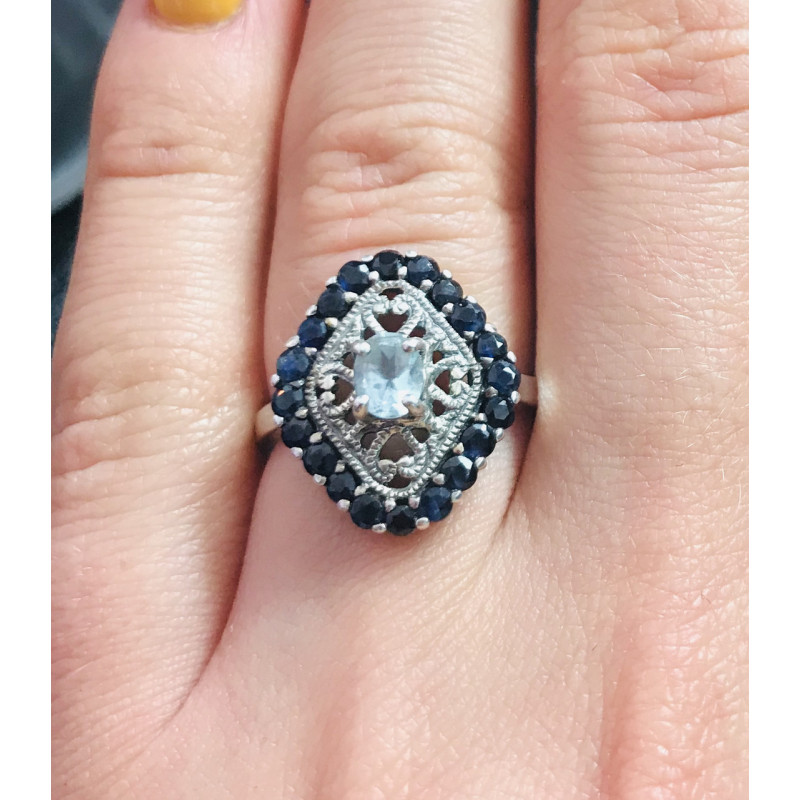 Sky Jewelry Серебряное кольцо с голубым аквамарином и темно-синей  шпинелью