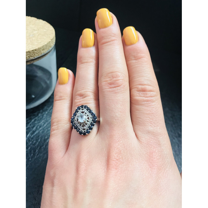 Sky Jewelry Серебряное кольцо с голубым аквамарином и темно-синей  шпинелью