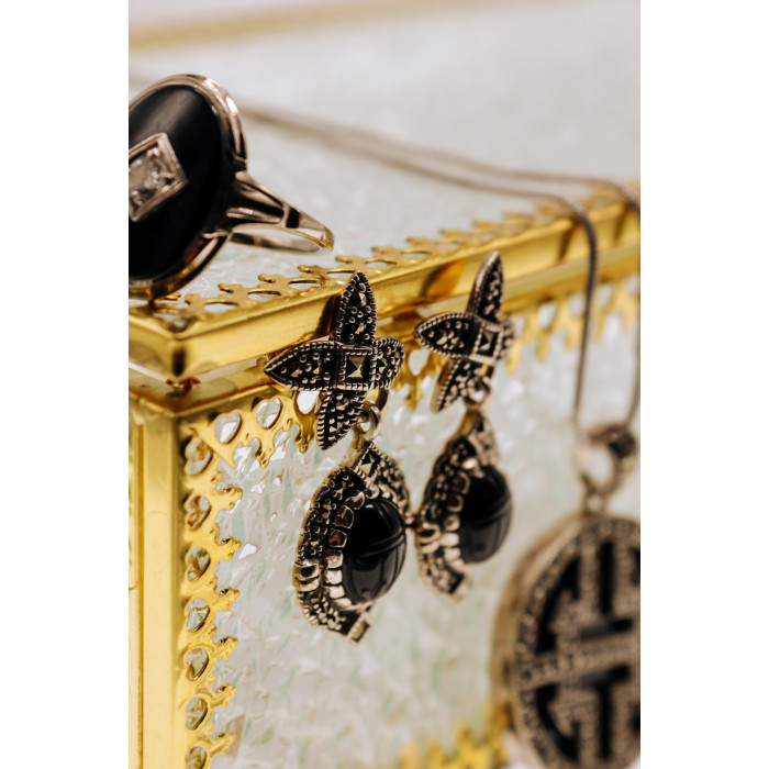 Sky Jewelry Серебряные серьги с марказитом и ониксом