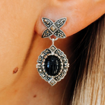 Sky Jewelry Серебряные серьги с марказитом и ониксом