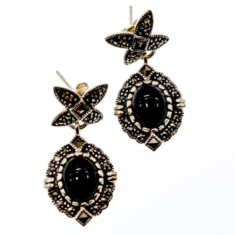 Sky Jewelry Серебряные серьги с марказитом и ониксом