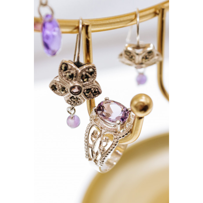Sky Jewelry Серебряные серьги с аметистом и марказитом