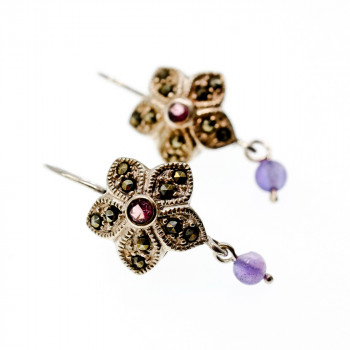 Sky Jewelry Серебряные серьги с аметистом и марказитом