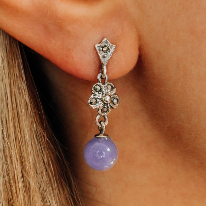 Sky Jewelry Винтажные серебряные серьги с агатом и марказитом