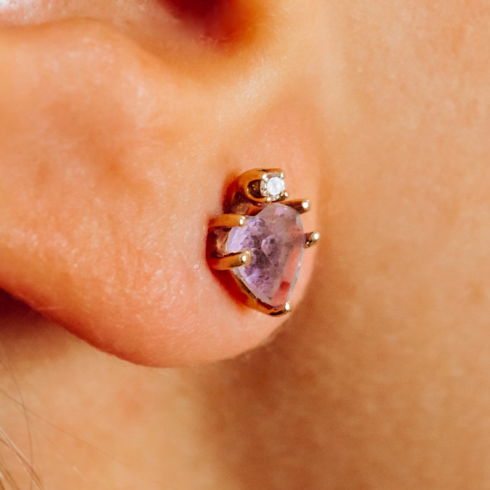 Sky Jewelry Золотые серьги с аметистом и бриллиантом  Сердце