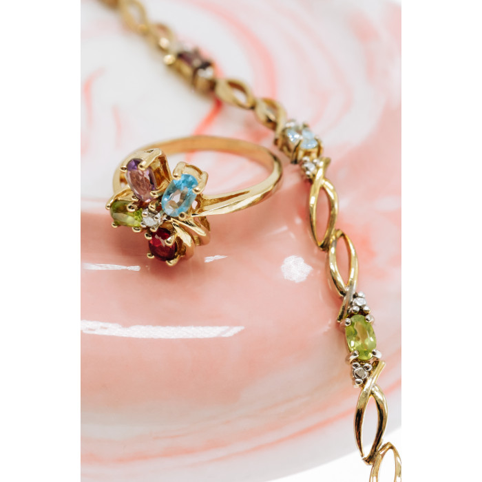 Sky Jewelry Золотое кольцо с бриллиантом гранатом топазом аметистом и хризолитом