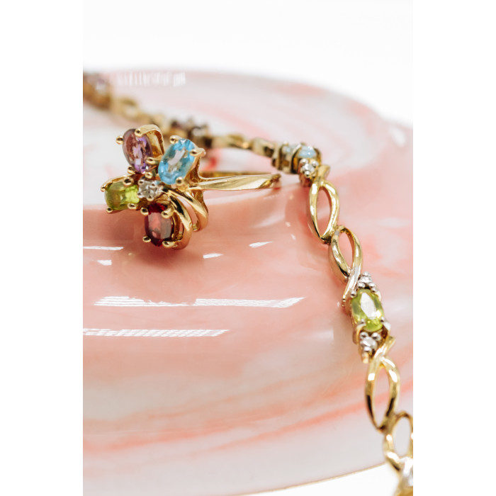 Sky Jewelry Золотое кольцо с бриллиантом гранатом топазом аметистом и хризолитом