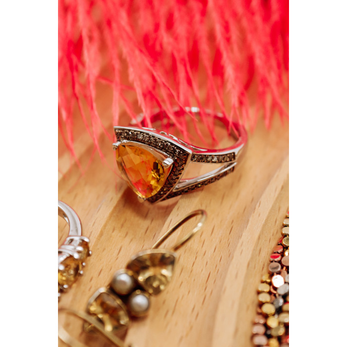 Sky Jewelry Серебряное кольцо с камнями гелиодор и гессонит