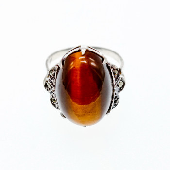 Sky Jewelry Серебряное кольцо с тигровым глазом и марказитами