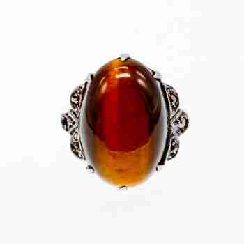 Sky Jewelry Серебряное кольцо с тигровым глазом и марказитами